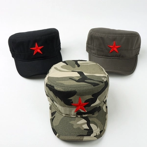 Tactical camouflage army caps in black, green, and camo with red star badge embroidery
