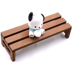 Miniature wooden bench set with a cute white puppy doll for dollhouse scenery decor