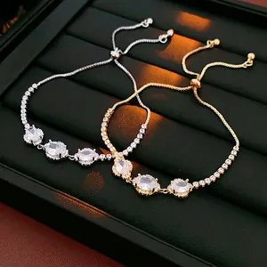 Adjustable Bracelet Copper Zircon Oval Floral Geometric Luxury Minimalist Elegant Hand Jewelry For Women Girls Gift