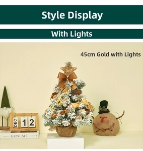 Detail of 45cm mini golden Christmas tree with snow frosting, LED lights and pine cones