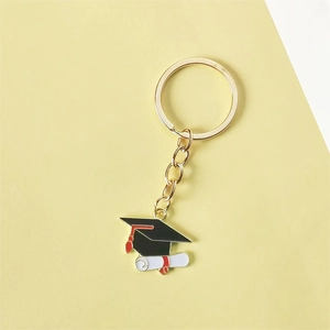 Golden graduation cap and diploma keychain made of alloy with colorful enamel finish