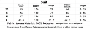 Detailed size chart for the striped blazer suit with fabric specs and measurements