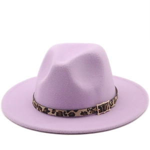 Detail of light purple wool fedora with leopard print band and gold buckle accent