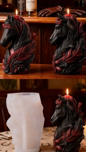 Detalle del molde de silicona de cabeza de caballo con vela de pluma en degradado rojo