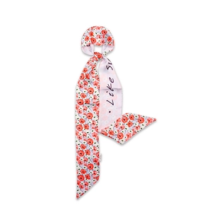 French style floral silk twilly scarf with red flower print on light purple base