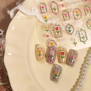 3D Relief Floral Nail Art Stickers Gold Bronzing Embossed Rose Daisy Flower Decals Self Adhesive French Vintage Elegant