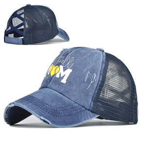 Detail of distressed denim softball mom hat featuring back criss-cross ponytail opening
