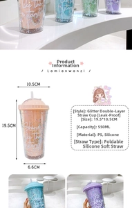Detailweergave van een 550ML dubbelwandige plastic beker met lekvrij siliconen rietje