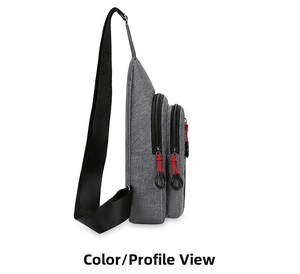 Side view of gray water-resistant chest bag showing triple zipper layers and red cord pulls