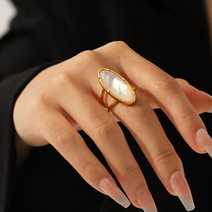 Anello Aperto Ovale Vintage In Madreperla Acciaio Inossidabile Placcato Oro Regolabile Gioiello Geometrico Per Donna