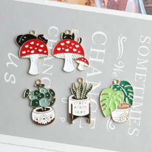DIY gold alloy enamel charms set featuring cute black cats, mushrooms, and green plants