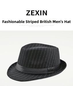 Detail of vintage striped wool fedora hat featuring a black satin band and pinstripe pattern
