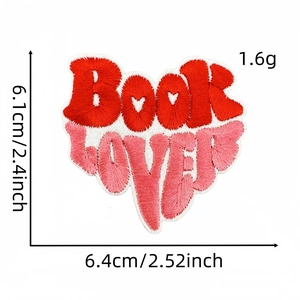 Detailed view of pink heart embroidered Book Lover patch with precise dimensions