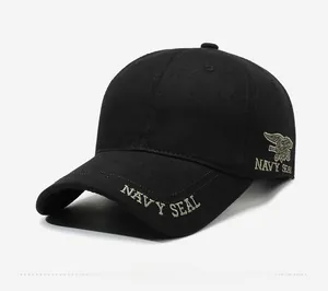Detail view of Navy Seal embroidery on high-quality black cotton twill baseball cap