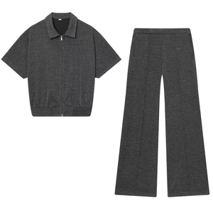Short Sleeve Zip Up Lapel Top And Wide Leg Pants Ribbed Knit Casual Solid Color Streetwear For Women