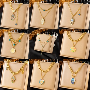 Gold Plated Stainless Steel Layered Necklace Hamsa Hand Evil Eye Tree Of Life Pendant Vintage Boho Ethnic Jewelry Women