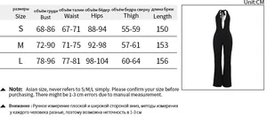 Size chart detail for lace V-neck jumpsuit showing bust and waist measurements in CM