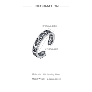 Detail specifications of 925 silver moon flower ring showing size, weight and material