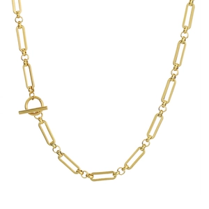Elegant gold rectangle link necklace with circular connectors and OT buckle design