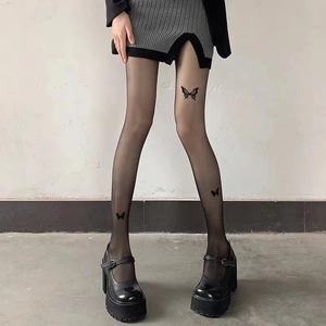 Sheer black tights detail featuring delicate butterfly print, elegant leg showcase close-up.