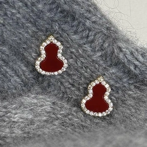 Retro Gourd Stud Earrings Copper Gold Plated With Silver Earring Post Zircon Inlaid Red Jewelry For Women Elegant