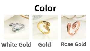 Three-color set of serpent rings in silver, gold, and rose gold with zircon stones