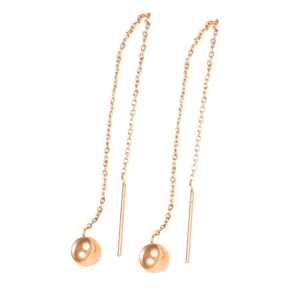 Minimalist long rose gold tassel earrings with round ball drop pendants on thin chains