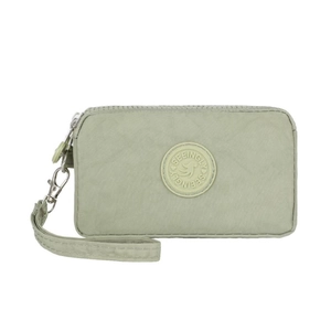 Pea green nylon phone bag with three zippers and a round logo on a white background