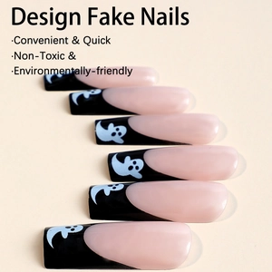 Detail of Halloween press-on nails with ghost designs in black and pink French style