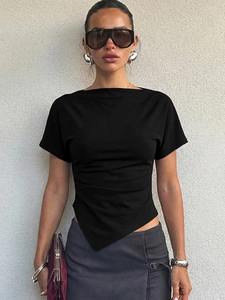 Women Slim Fit T-Shirt Solid Color Short Sleeve Asymmetric Irregular Hem Ruched Side Polyester Spandex Fashion Top