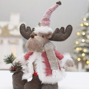 Pink fabric reindeer plush doll with red Christmas robe and bell hat holiday decoration