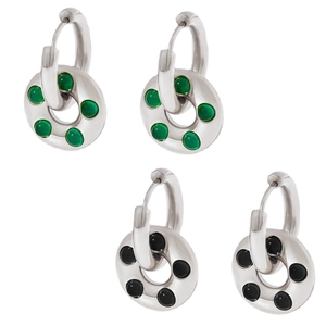 French style stainless steel hoop earrings with green and black glass charms