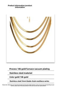 Detail view of 5mm gold flat snake chain necklace with full technical product specifications
