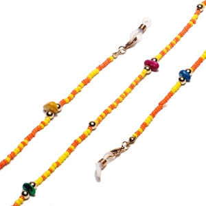 Detail of colorful beads and gold metal clasps on a stylish beaded eyewear chain