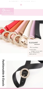 Detail of thin PU leather belts for women with round pearl and rhinestone buckles