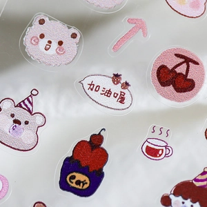 Cartoon bear nail stickers with embroidery texture and cupcake designs on transparent PET