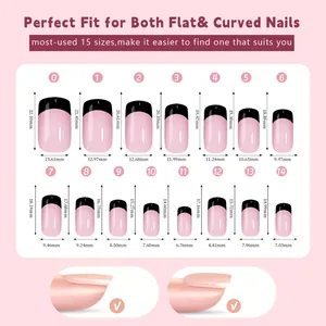 Detailed size chart showing 15 pieces of black French tip press-on nails with dimensions