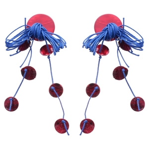 Handmade red round shell pendant earrings with blue woven rope fringe tassels on white background
