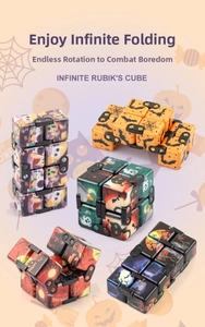 Detail of Halloween infinity cubes with pumpkin and ghost prints on purple background
