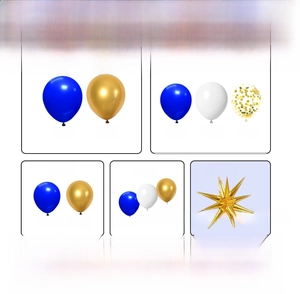 Detailed 136-piece blue and gold balloon arch kit including starburst balloons and tools