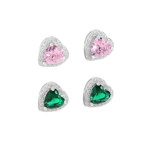 S925 sterling silver heart stud earrings with sparkling pink and green cubic zirconia