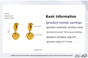 Detail view of 18K gold plated heart earrings with measurements 21x11mm and 4.15g weight
