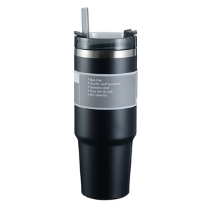 Insulated black stainless steel tumbler with straw and BPA-free lid for hot and cold drinks