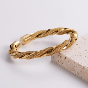 Adjustable 18k gold plated stainless steel twisted mesh rope cuff open bracelet