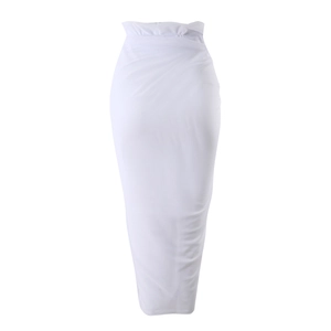 Detail of elegant white mesh maxi skirt with high waist design and delicate ruching texture