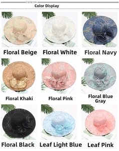 Detailed grid view showing various colors of sun hats with lace patterns and organza bows