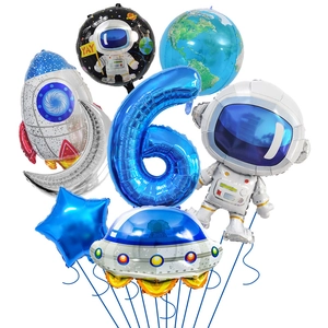 Space theme balloon set with astronaut rocket earth and blue stars for 6th birthday party