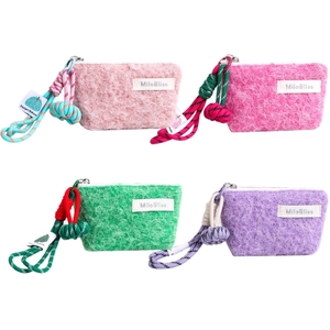 Set of four colorful dopamine plush mini pouches with decorative lanyards.