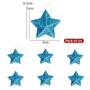 Pack of 6 blue glitter star ornaments with silver strings, 5cm width for Christmas tree