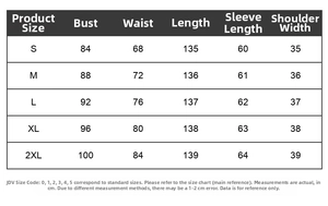 Size chart table for V-neck long dress showing bust waist length and sleeve measurements